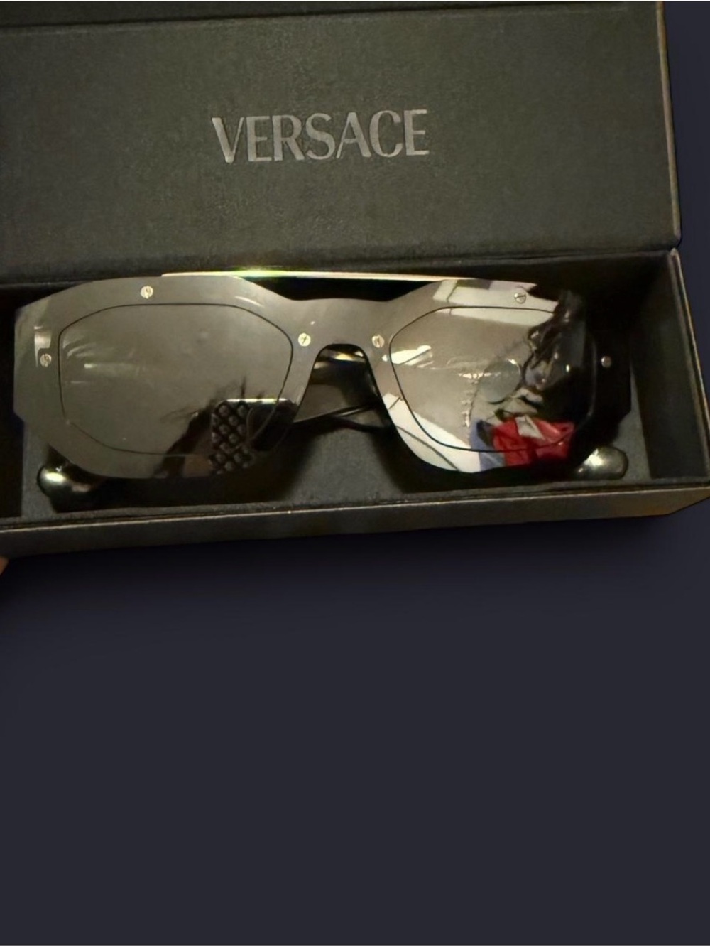 Versace Men’s Black Shield Sunglasses with Silver Accents